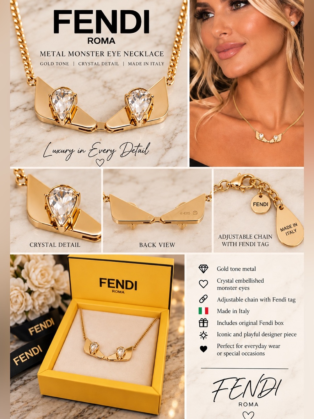 Fendi Yellow Gold Tone Monster Bugs Eye Teardrop Pendant Necklace 🌟